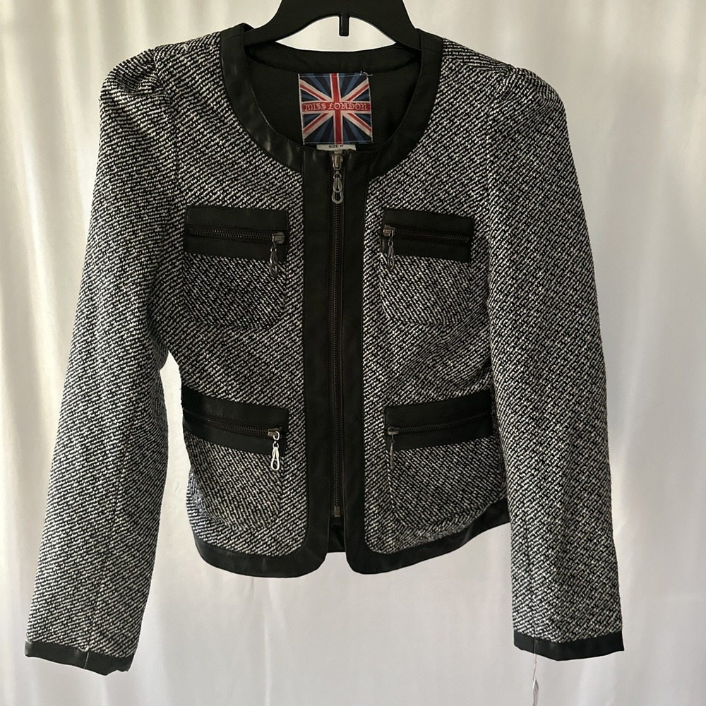 Miss London Houndstooth Blazer Jacket Size M Black White Lined Pockets